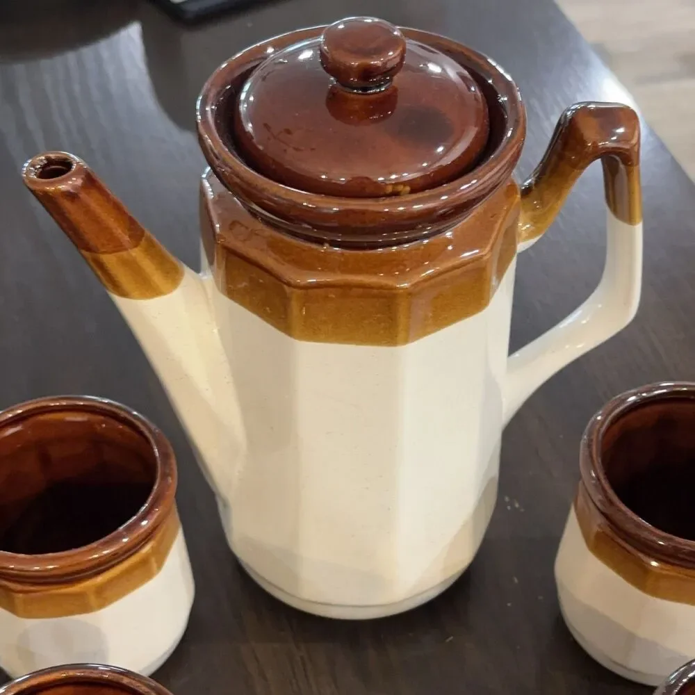 Coffee Pot and 5 Mugs Set Ceramic Octagonal Two-Tone Brown Cream Taiwan 9